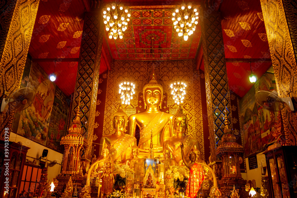 Beautiful Big Golden Buddha is enshrined in the church of Phra That Hariphunchai,Lamphun,Thailand,ASIA.