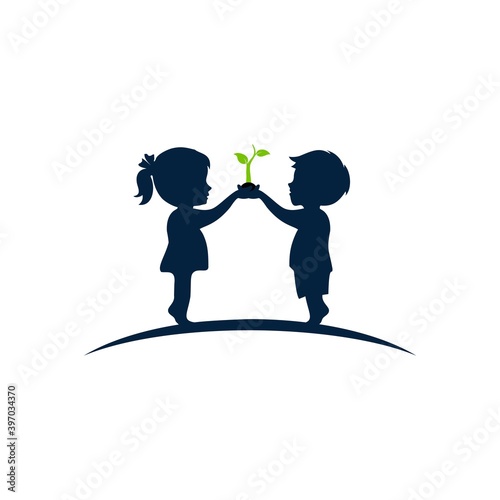 Children and plants, green kids plant care logo