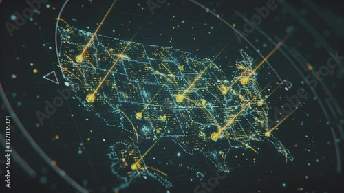Flashing highlighted USA Map with glowing areas and interstate light connections. Scanning of USA Map through hi-tech futuristic sight and visuals with connecting light points and lines.