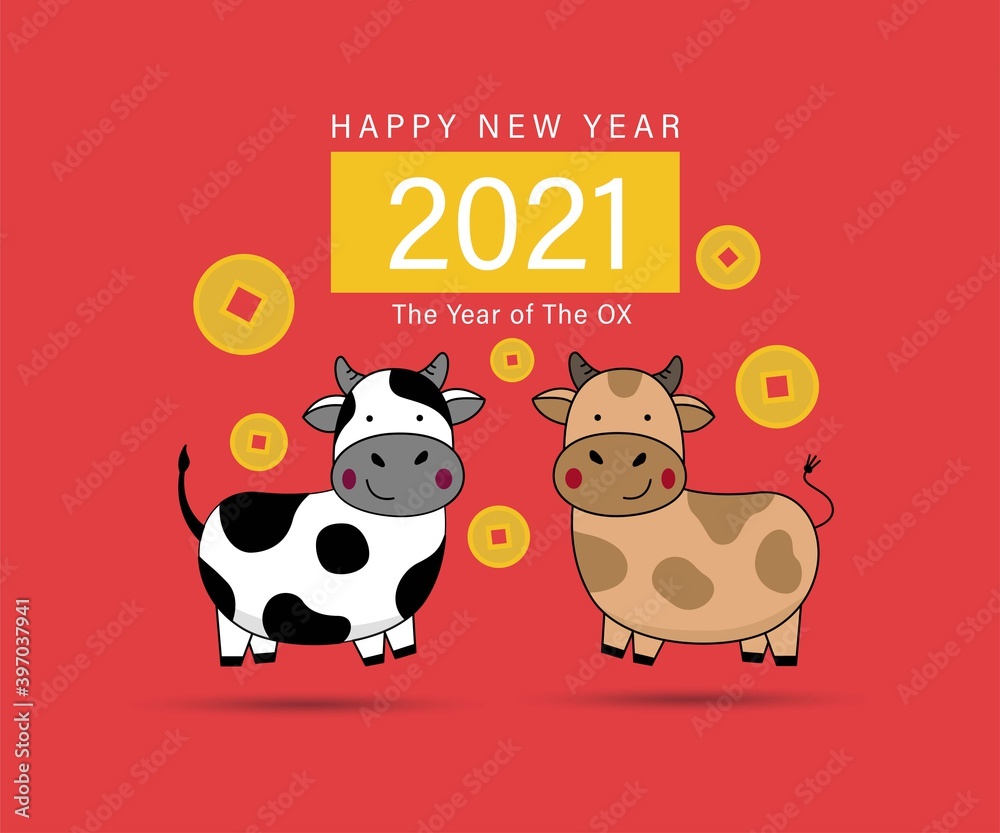 Obraz premium Happy Chinese New Year 2021 greeting card, year of the ox. Cute cow, ox, animal holiday cartoon character vector.