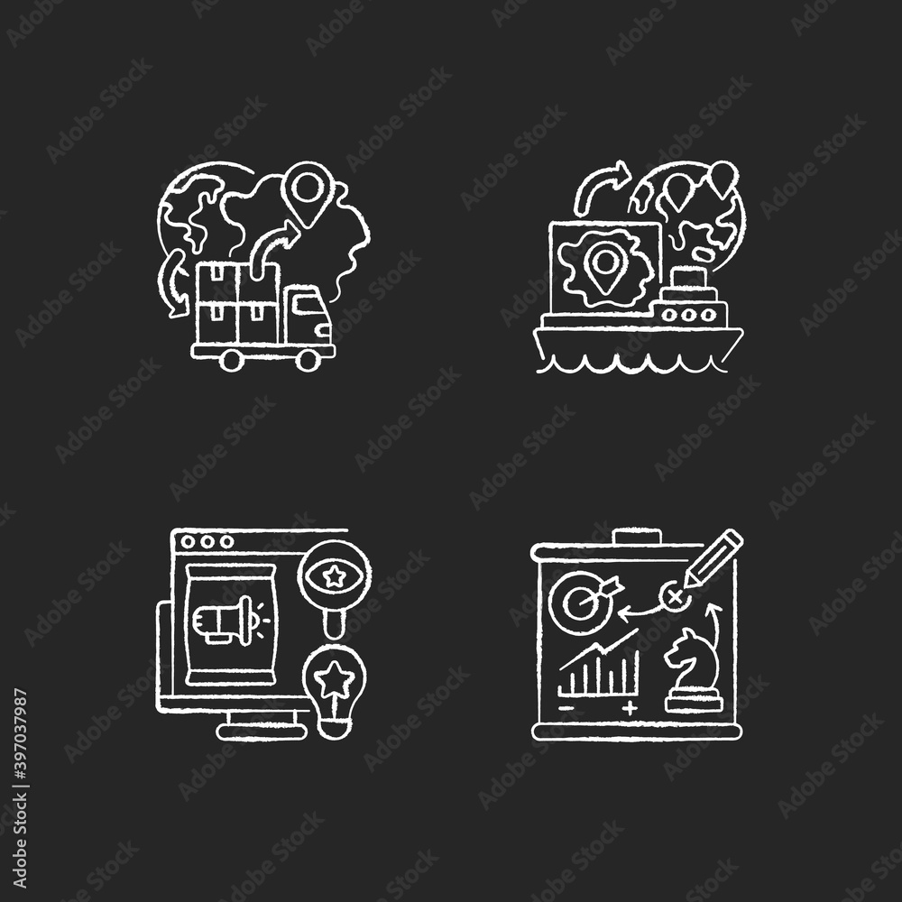 International business chalk white icons set on black background. Import and export trade. Brand recognition development and marketing strategy planning. Isolated vector chalkboard illustrations International business chalk white icons set on black background. Import and export trade. Brand recognition development and marketing strategy planning. Isolated vector chalkboard illustrations