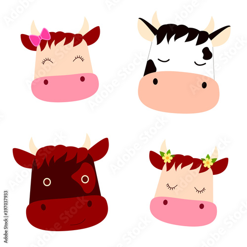 Set with cute heads Cows with flowers, bow and Calves, flat style, as symbol Happy New Year, Merry Christmas holiday celebration.