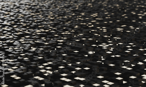 Abstract 3d illustration of random extruded cubes with glowing facets. Futuristic floor surface.