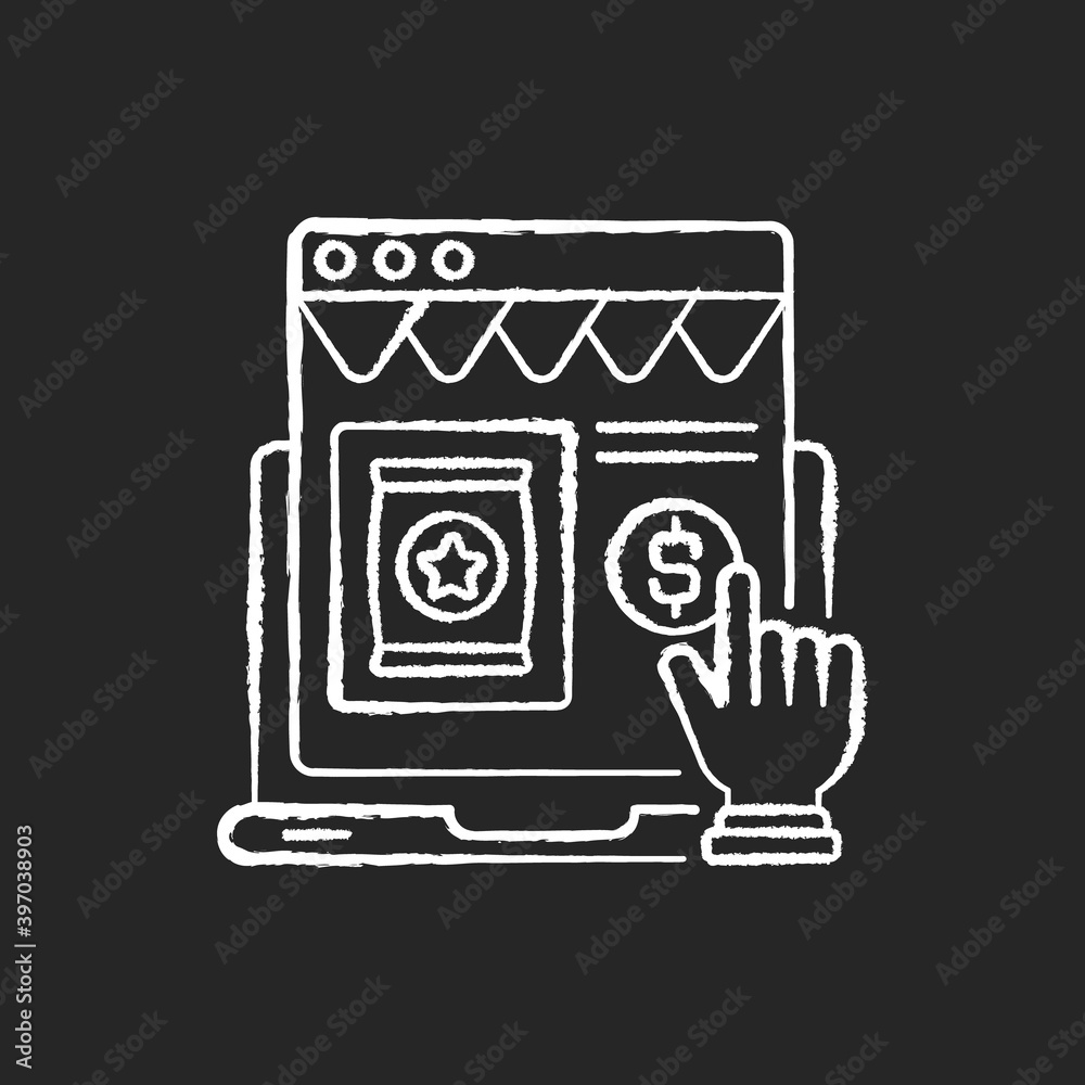 Ecommerce chalk white icon on black background. Internet shopping, digital marketplace services. Modern retail business, buying and selling goods online. Isolated vector chalkboard illustration Ecommerce chalk white icon on black background. Internet shopping, digital marketplace services. Modern retail business, buying and selling goods online. Isolated vector chalkboard illustration