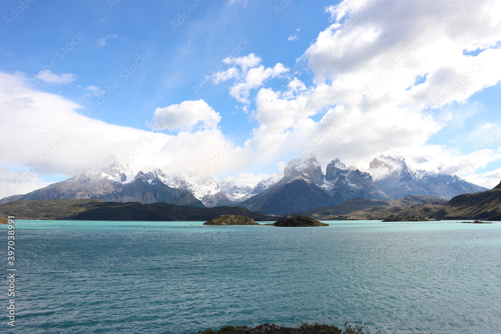 Torres del Paine National Park in Chile. 
This is a  national park encompassing mountains, glaciers, lakes, and rivers in southern Chilean Patagonia.