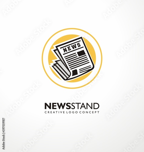 Logo design idea for newsstand business with newspaper icon and yellow circle. Vector press symbol illustration for news stand.