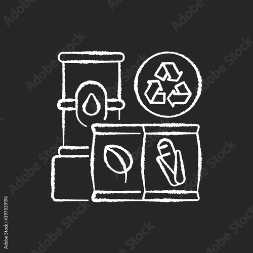Raw materials chalk white icon on black background. Eco friendly and clean energy sources. Biofuel manufacturing, storage and distribution business. Isolated vector chalkboard illustration