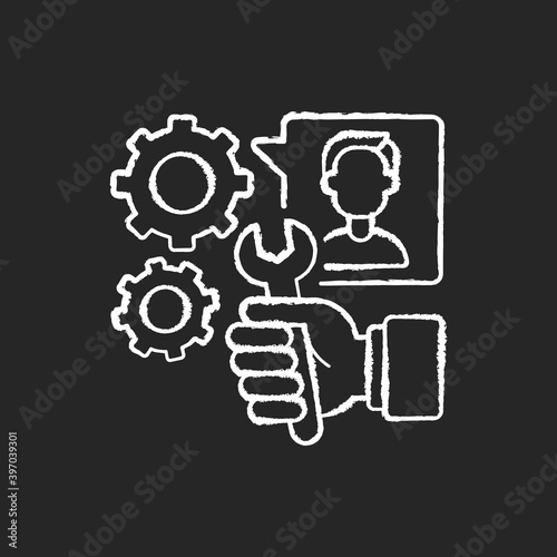 Providing services chalk white icon on black background. Professional maintenance and customer support. Repairman, handyman and mechanic occupation. Isolated vector chalkboard illustration