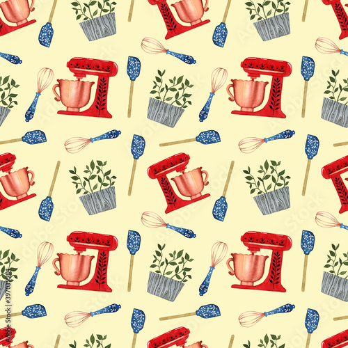 Baking tools kitchen mixer seamless pattern watercolor on yellow background