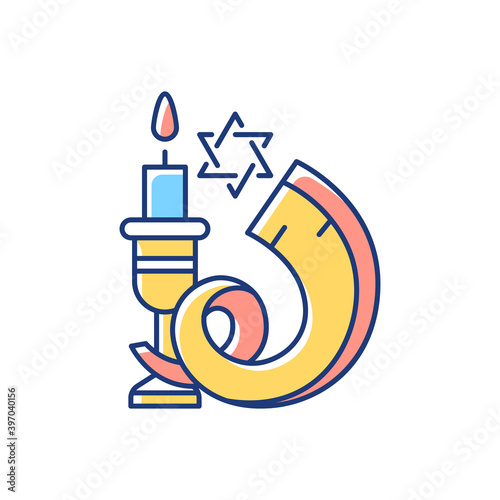 Shofar RGB color icon. Ancient musical horn. Shophar. Ram horn. Jewish public and religious occasions. Ritual musical instrument. High Holy Days. Rosh Hashanah. Isolated vector illustration
