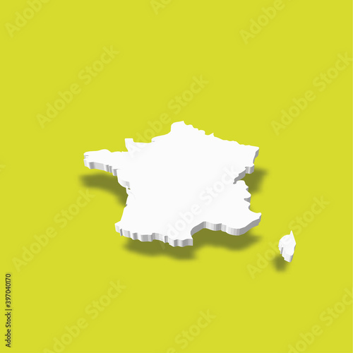 France - white 3D silhouette map of country area with dropped shadow on green background. Simple flat vector illustration
