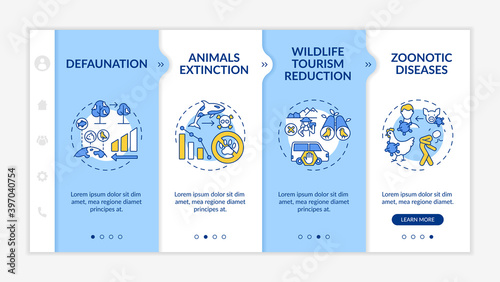 Wildlife conservation onboarding vector template. Nature habitat. Animal extinction. Environment damage. Responsive mobile website with icons. Webpage walkthrough step screens. RGB color concept