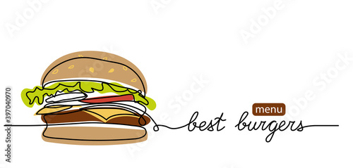 Burger menu simple color vector background. One continuous line drawing with text Burger menu.