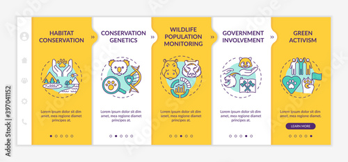 Wildlife conservation onboarding vector template. Green activism. Environmental movement. Animal welfare. Responsive mobile website with icons. Webpage walkthrough step screens. RGB color concept