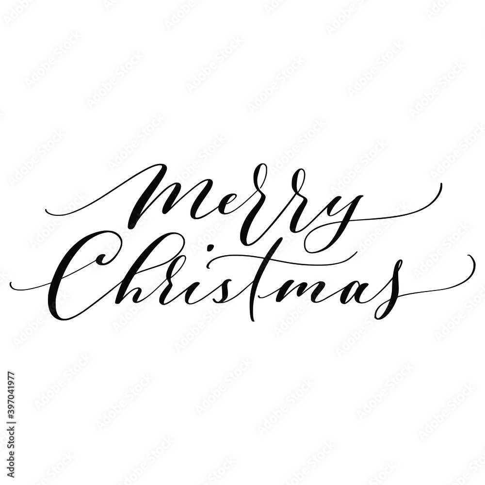 Merry Christmas brush script calligraphy isolated on white background. Type vector illustration.