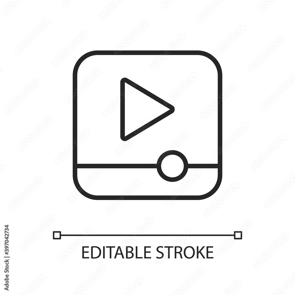 Video player app pixel perfect linear icon. Video and audio playing. Watching movies and clips. Thin line customizable illustration. Contour symbol. Vector isolated outline drawing. Editable stroke Video player app pixel perfect linear icon. Video and audio playing. Watching movies and clips. Thin line customizable illustration. Contour symbol. Vector isolated outline drawing. Editable stroke