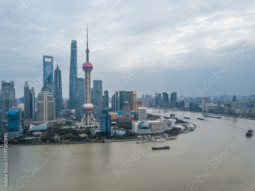 Aerial view of Lujiazui  the financial district in Shanghai  China  on a cloudy day.