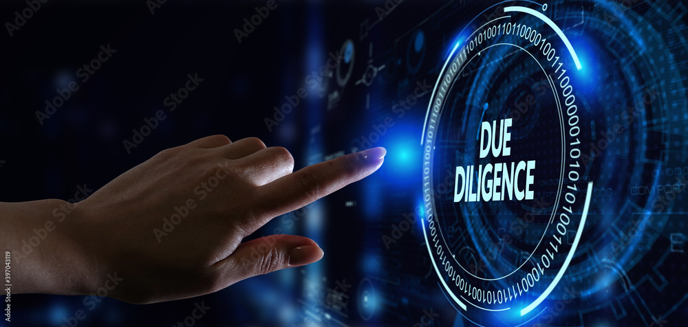 Business, Technology, Internet and network concept. Young businessman working on a virtual screen of the future and sees the inscription: Due diligence