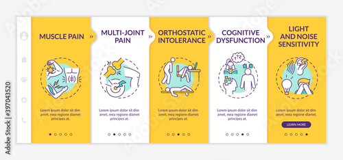 Myalgic encephalomyelitis signs onboarding vector template. Muscle pain. Cognitive dysfunction. Responsive mobile website with icons. Webpage walkthrough step screens. RGB color concept photo