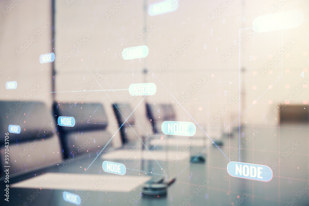Multi exposure of abstract graphic coding sketch on a modern furnished classroom background, big data and networking concept Multi exposure of abstract graphic coding sketch on a modern furnished classroom background, big data and networking concept