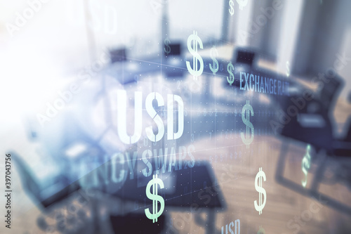 Double exposure of virtual USD symbols hologram on a modern meeting room background. Banking and investing concept