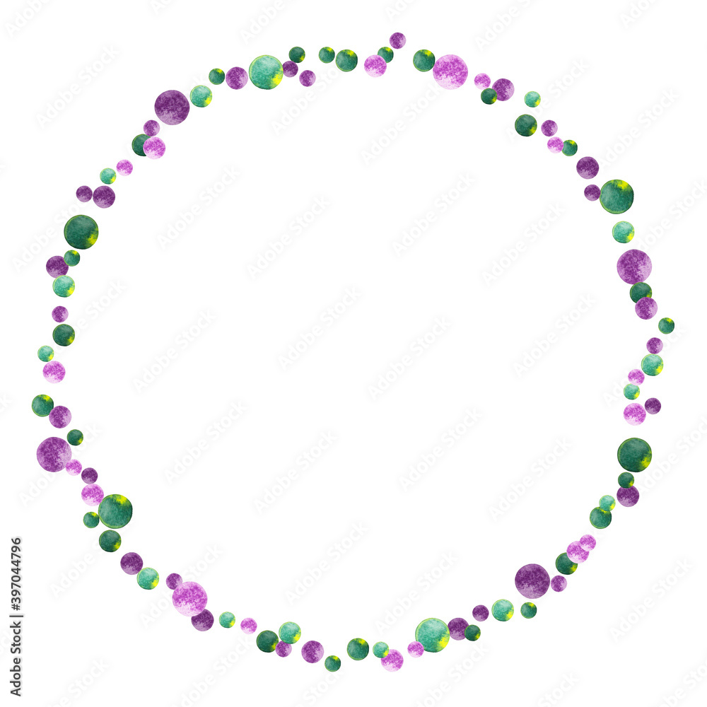 Round frame of violet and green confetti with thin lines. Christmas, Birthday, New Year Party festival background for card invitation. Watercolor hand drawn isolated elements on white background. Round frame of violet and green confetti with thin lines. Christmas, Birthday, New Year Party festival background for card invitation. Watercolor hand drawn isolated elements on white background.
