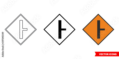 Side road on right roadworks sign icon of 3 types color, black and white, outline. Isolated vector sign symbol.