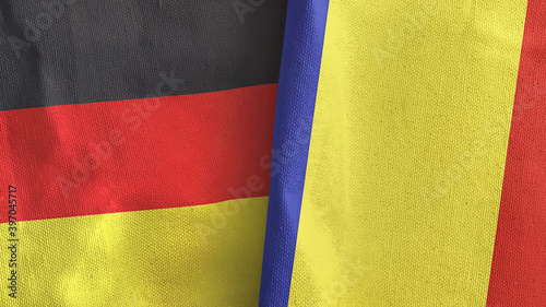 Romania and Germany two flags textile cloth 3D rendering