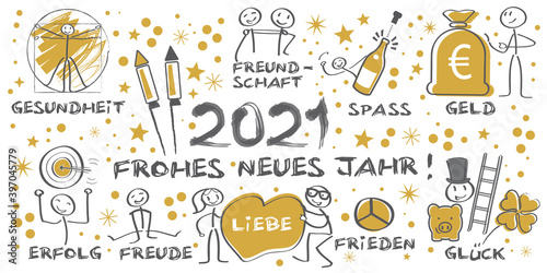 Neujahrsgrüße 2021 - Frohes neues Jahr illustrierte Grußkarte mit Symbolen und deutschem Text - gold schwarz