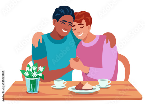 a couple of gays different nations are sitting at table, hugging, holding hands.