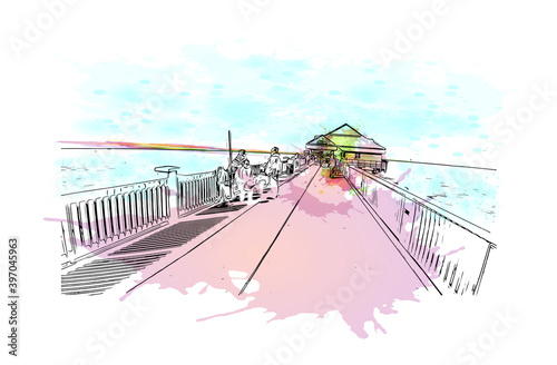Building view with landmark of Clearwater is the 
city in Florida. Watercolour splash with hand drawn sketch illustration in vector.