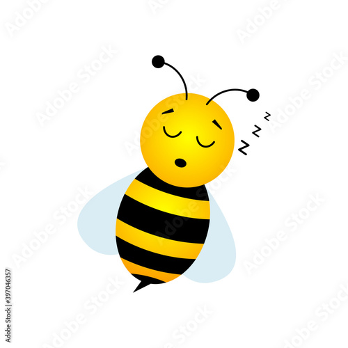 Cute bee sleeping. Cartoon animal character. Bumble bee sleep. Vector illustration isolated on white.