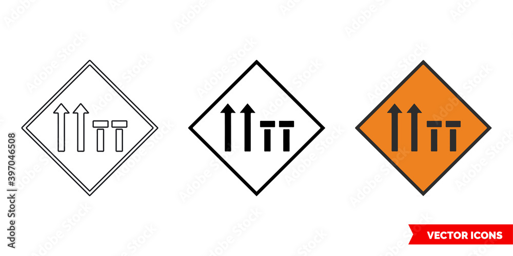 Two offside lanes of four closed roadworks sign icon of 3 types color, black and white, outline. Isolated vector sign symbol.