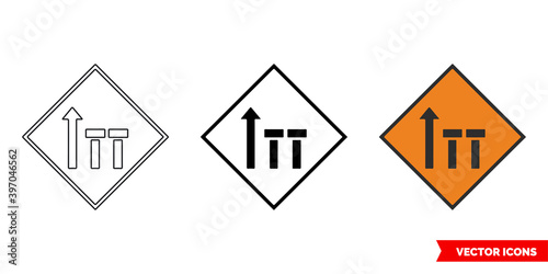 Two offside lanes of three closed roadworks sign icon of 3 types color, black and white, outline. Isolated vector sign symbol.