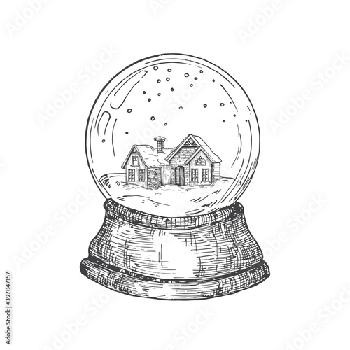 Hand Drawn Christmas Snow Ball with Toy House Inside. Abstract Sketch Vector Illustration. Winter Holiday Engraving Style Drawing. Isolated