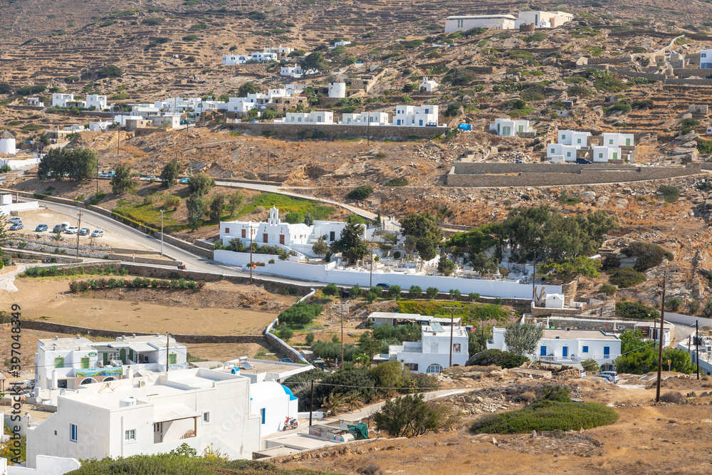 View of the traditional, white, old buildings in Chora, Ios Island, Greece.