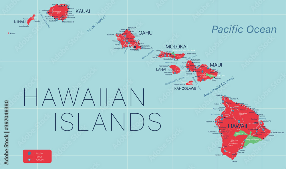 Hawaii state detailed editable map with with cities and towns, geographic sites, roads, railways, interstates and U.S. highways. Vector EPS-10 file, trending color scheme