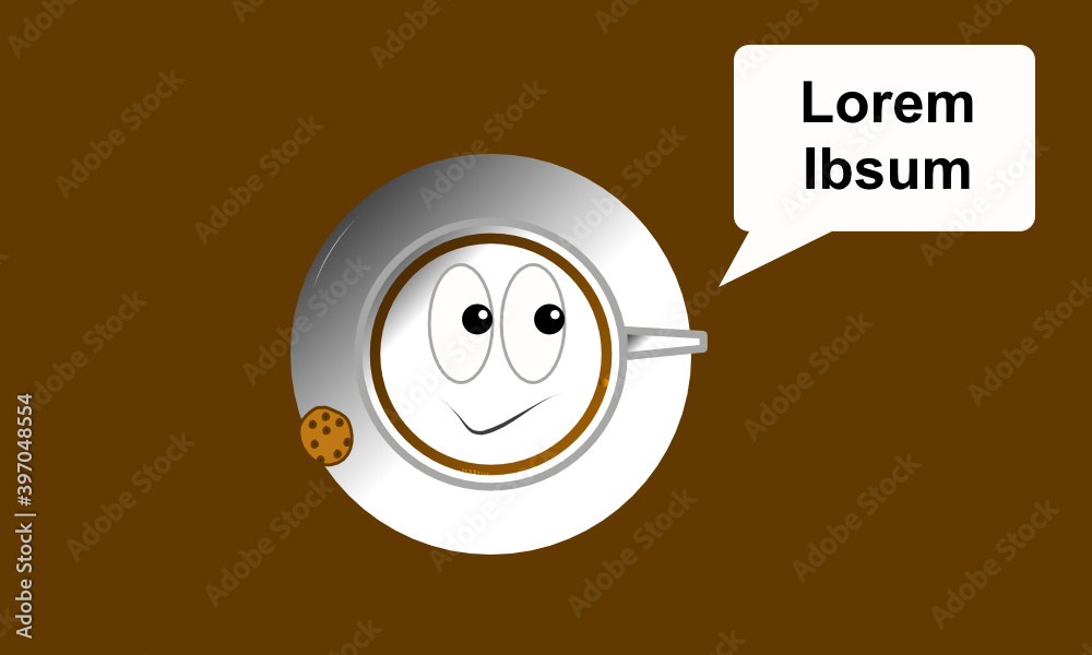 Eine Tasse Cappuccino mit freundlichem Gesicht und eine weiße Sprechblase vor braunem Hintergrund