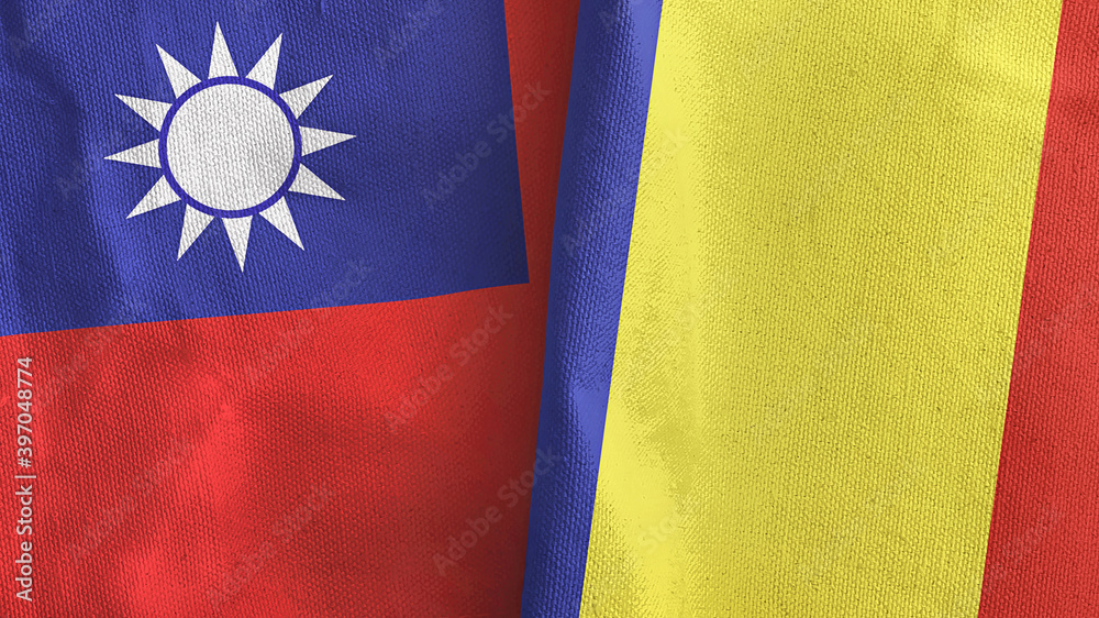Romania and Taiwan two flags textile cloth 3D rendering