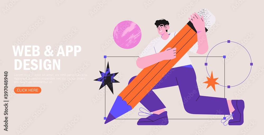 Man is working on ui ux design project. Designer drawing scetch in vector programm with big pencil. Charcter illustration for design online classes or seminar banner, ads, landing page, application. - obrazy, fototapety, plakaty 