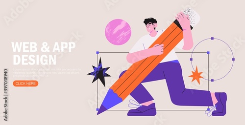 Man is working on ui ux design project. Designer drawing scetch in vector programm with big pencil. Charcter illustration for design online classes or seminar banner, ads, landing page, application.