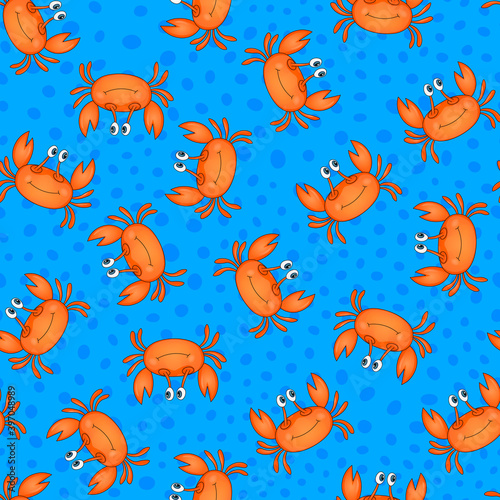 Seamless pattern with cute orange crab on blue background. Vector animals colorful illustration. Adorable character for cards, wallpaper, textile, fabric, kindergarten. Cartoon style.