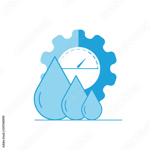 Water drops arranged in order of size on gear wheel with gauge display background. Water efficiency. Vector illustration outline flat design style.