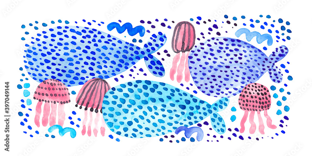 Cute whales with jellyfish underwater. Watercolor illustration.