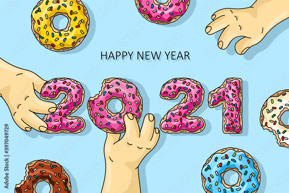 Φωτογραφία Sweet New Year 2021 from donuts, men holding cartoon donuts with pink, lemon, blue mint glaze, chocolate donut on blue background