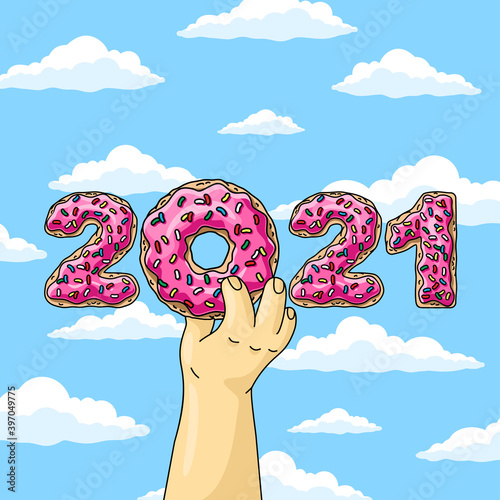 Sweet New Year 2021 from donuts, man holding cartoon donut with pink glaze against blue sky wish clouds. photo