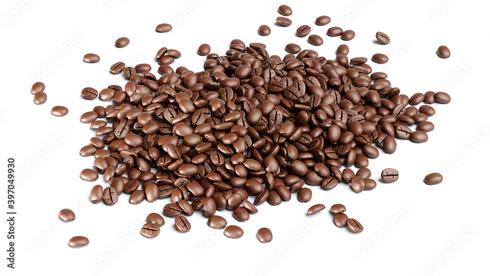 Kaffeebohnen liegen auf auf einem weißen Untergrund Kaffeebohnen liegen auf auf einem weißen Untergrund