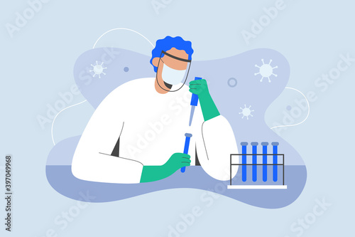 Developing coronavirus vaccine. Scientist working on Antiviral drug against covid in laboratory wearing mask and gloves, chemical medical research concept