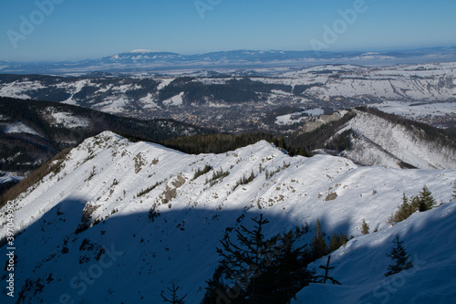 View on frozen Babia Gora from Tatra Mountains in winter during sunny day, Malopolskie Poland