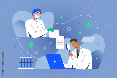 Covid research concept, medical doctors sharing data with scientisists working on antiviral coronavirus remedy, developing vaccine. Medical doctor in gown in laboratory using computer.